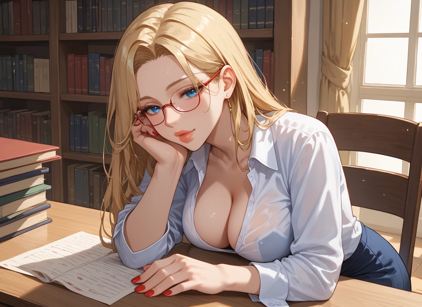 1girl, breasts, blonde hair, glasses, blue eyes, shirt · Yamete.gg