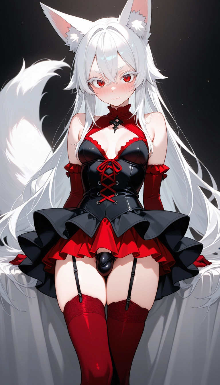 red thighhighs, 1girl, solo, red gloves, white hair, dress · Yamete.gg