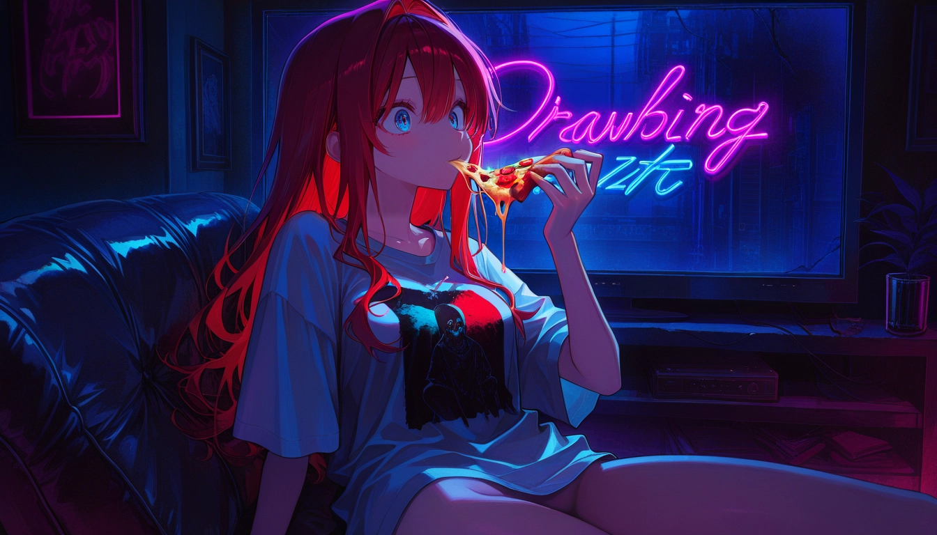 1girl, pizza, solo, red hair, food, shirt · Yamete.gg