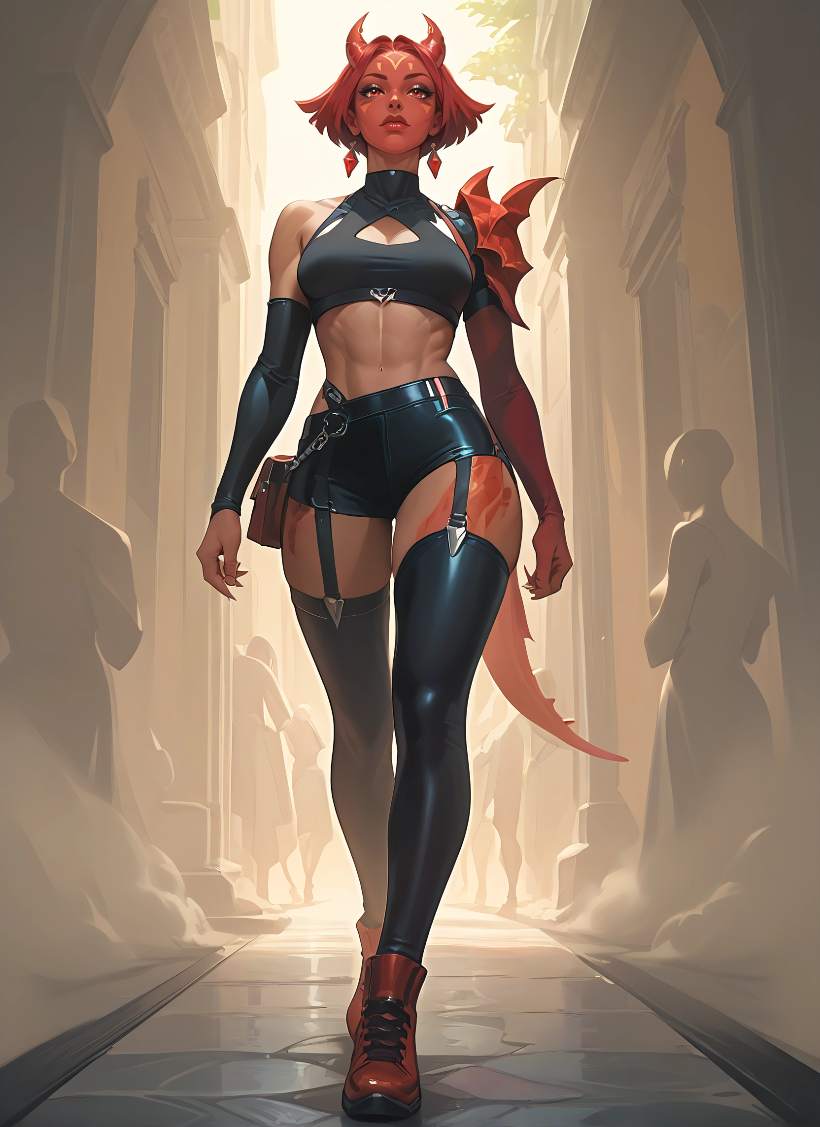 tail, horns, thighhighs, 1girl, red hair, shorts · Yamete.gg