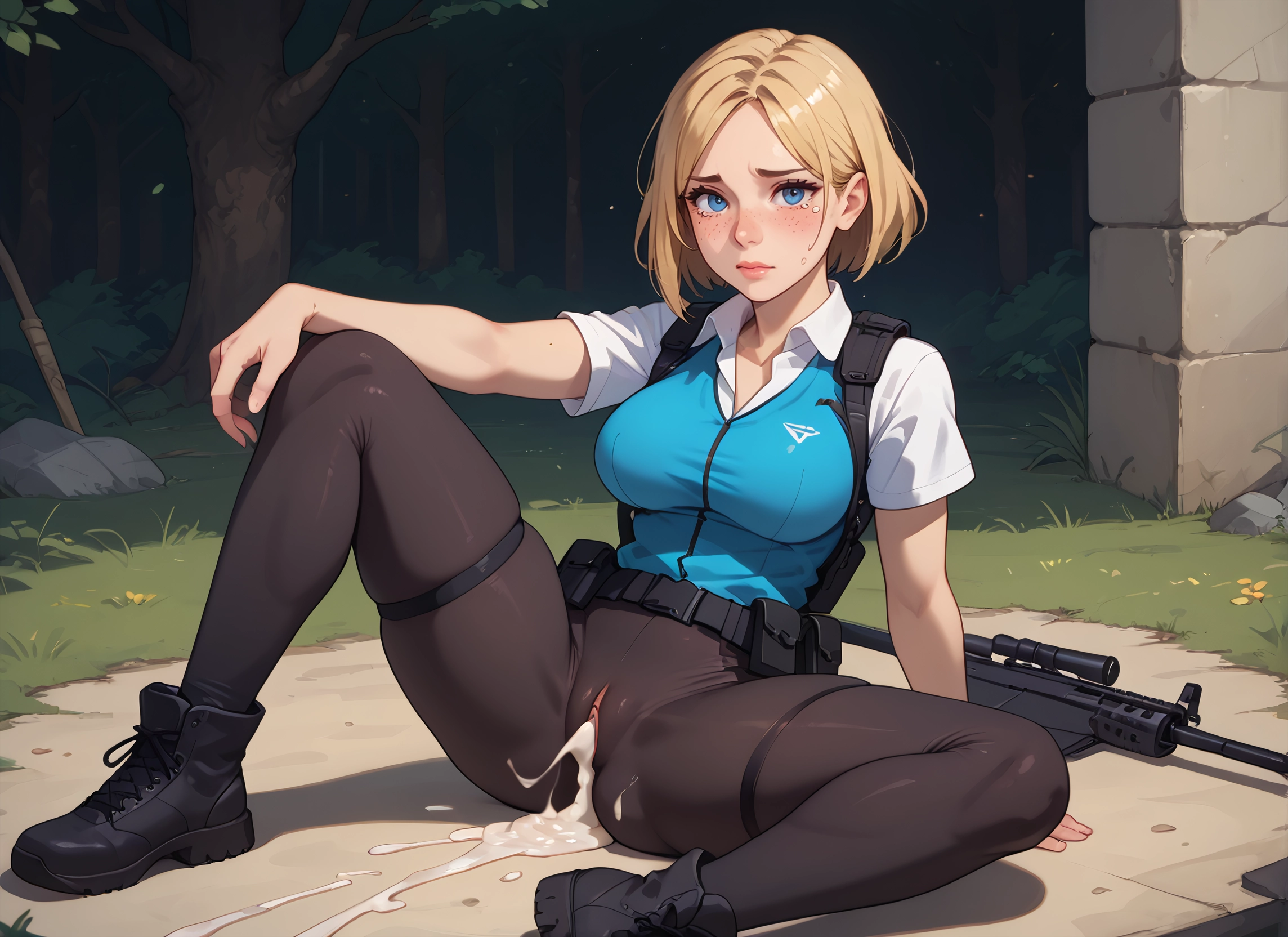 1girl, cum, blue eyes, gun, solo, blonde hair · Yamete.gg