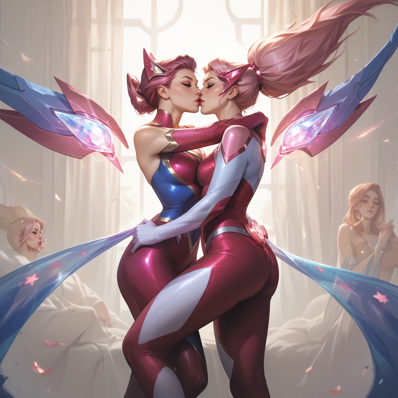multiple girls, yuri, breasts, bodysuit, kiss, wings · Yamete.gg