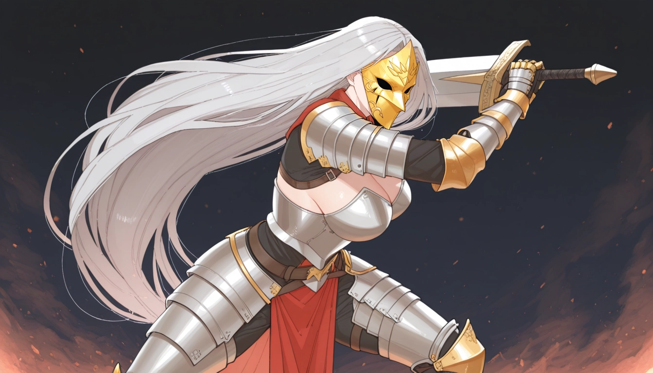 1girl, armor, breasts, long hair, solo, weapon · Yamete.gg