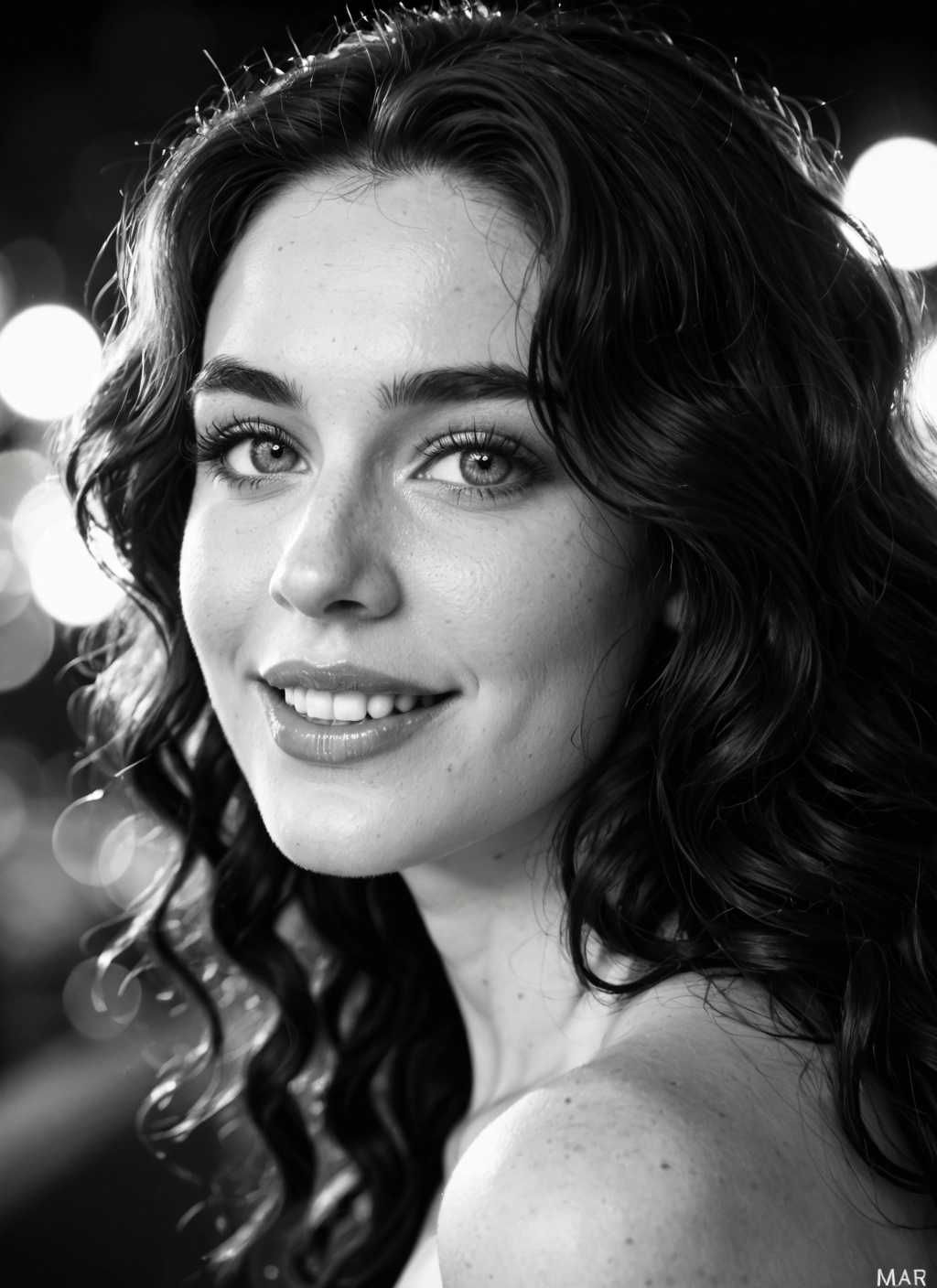 1girl, greyscale, monochrome, solo, smile, freckles · Yamete.gg