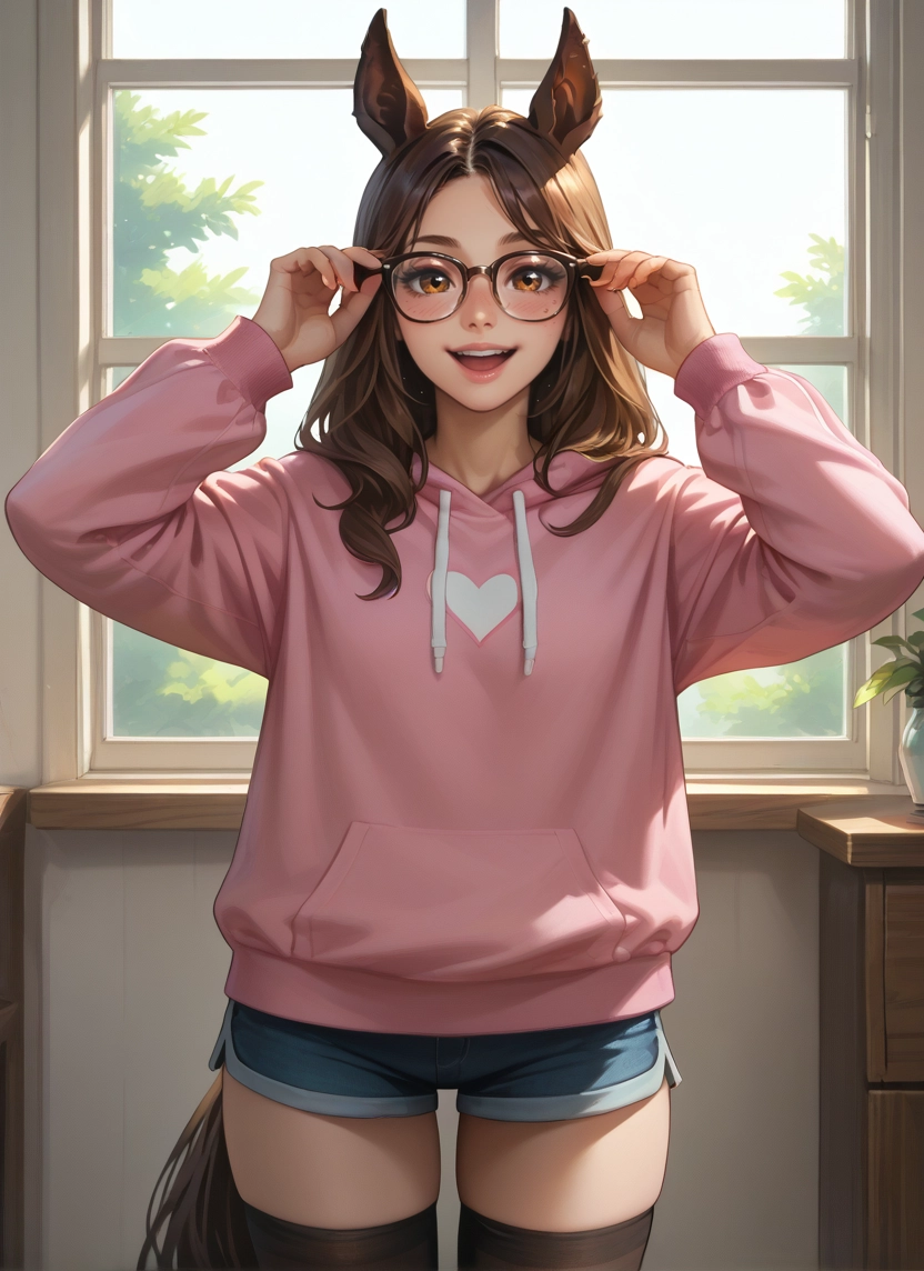 1girl, animal ears, solo, glasses, brown hair, shorts · Yamete.gg