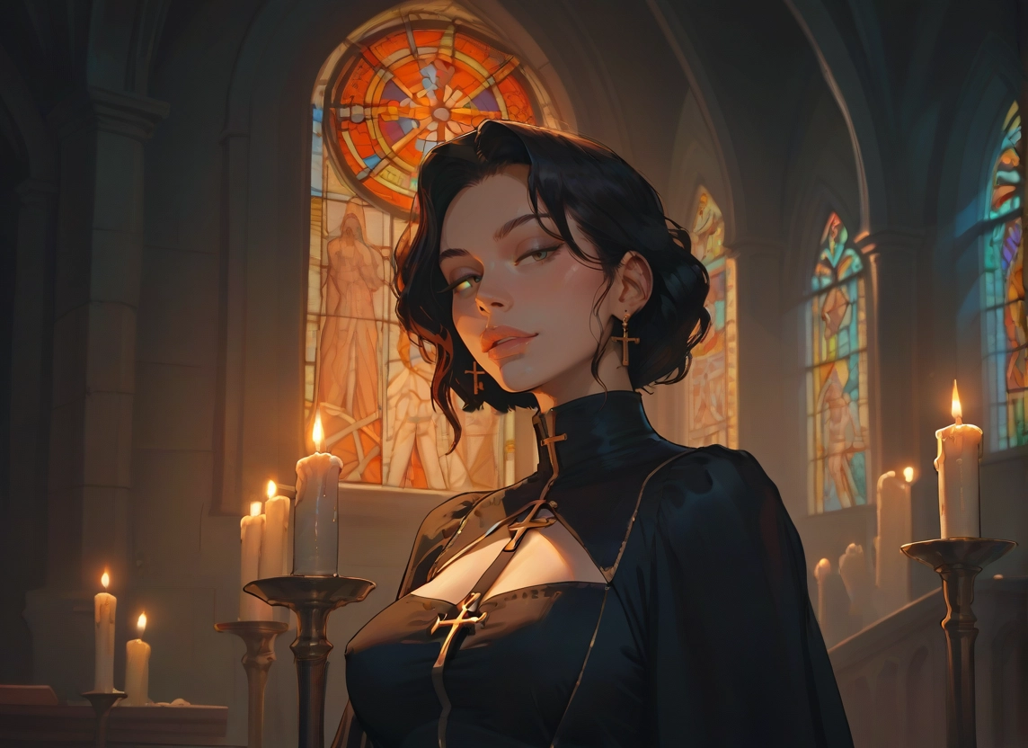 1girl, jewelry, earrings, candle, cross, black hair · Yamete.gg