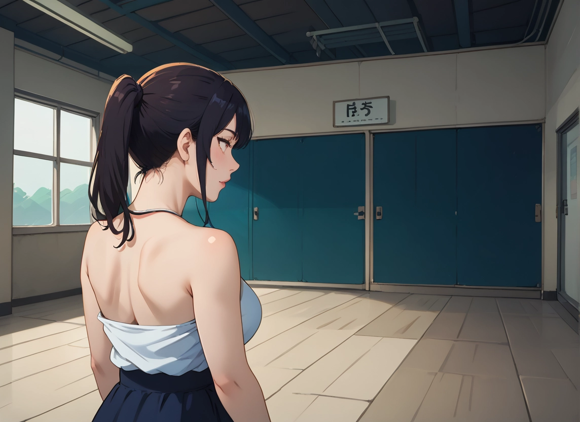1girl, solo, ponytail, indoors, skirt, bare shoulders · Yamete.gg
