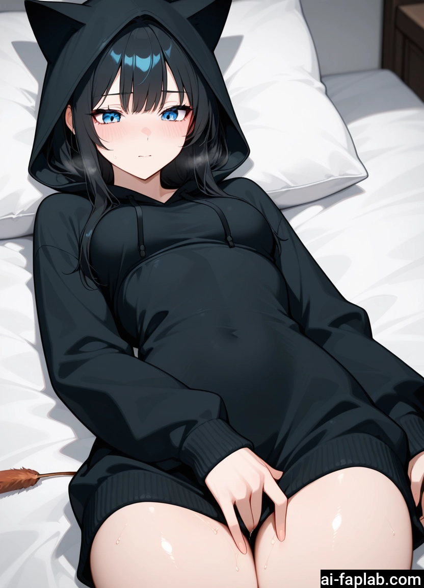 1girl, blue eyes, solo, hood, black hair, lying