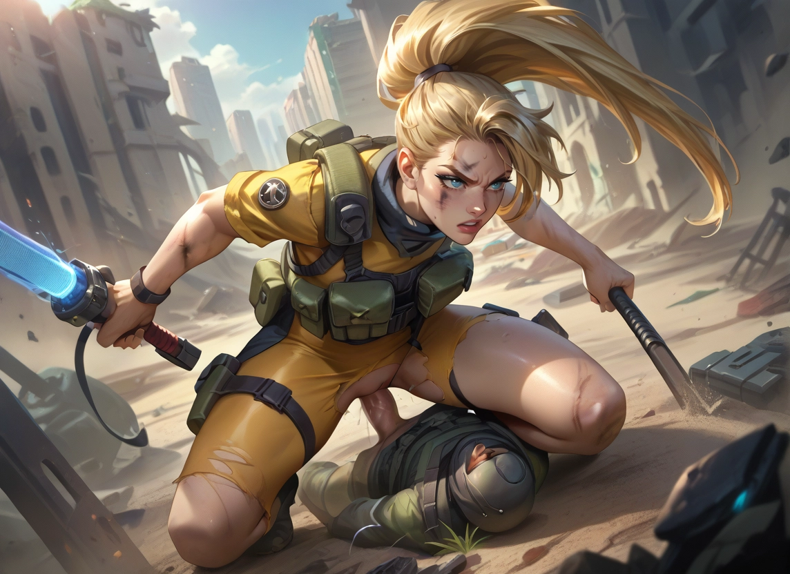 1girl, blonde hair, weapon, blue eyes, torn clothes, ponytail