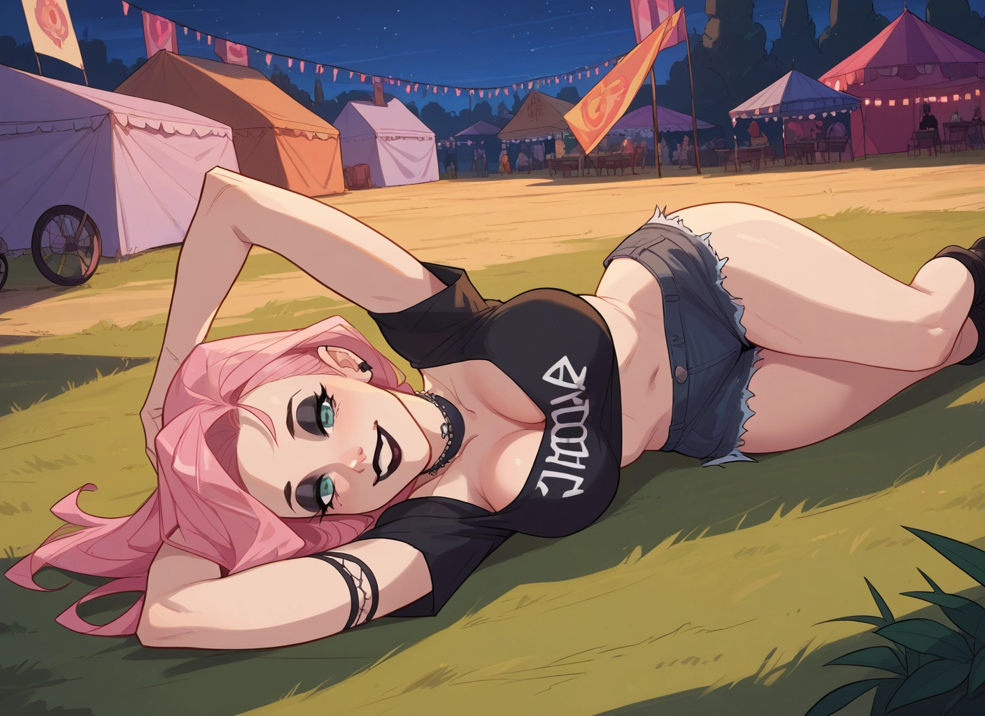 breasts, pink hair, shorts, 1girl, lying, on side · Yamete.gg
