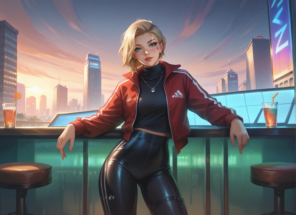 1girl, blonde hair, solo, jacket, jewelry, pants · Yamete.gg