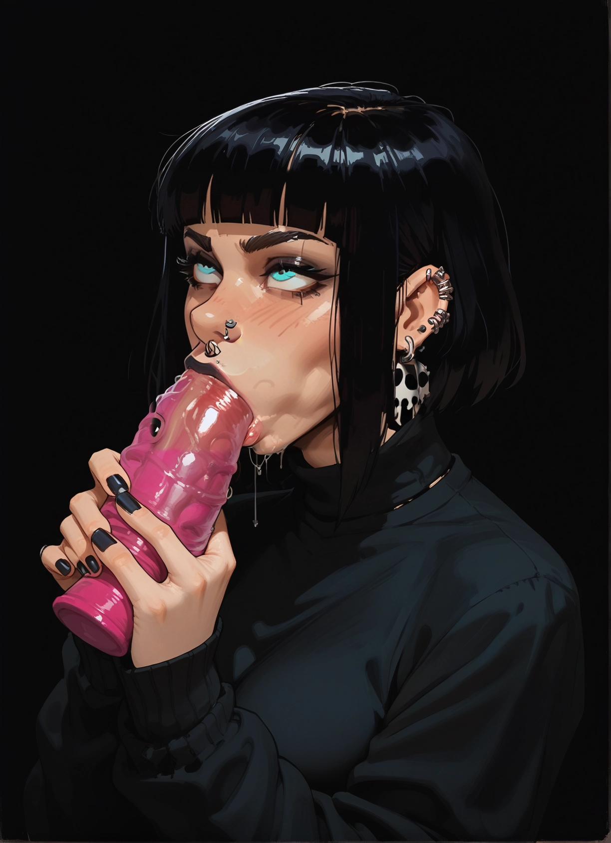 1girl, piercing, sex toy, solo, black hair, oral · Yamete.gg