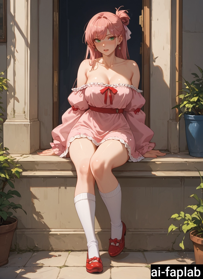 1girl, breasts, dress, solo, sitting, green eyes