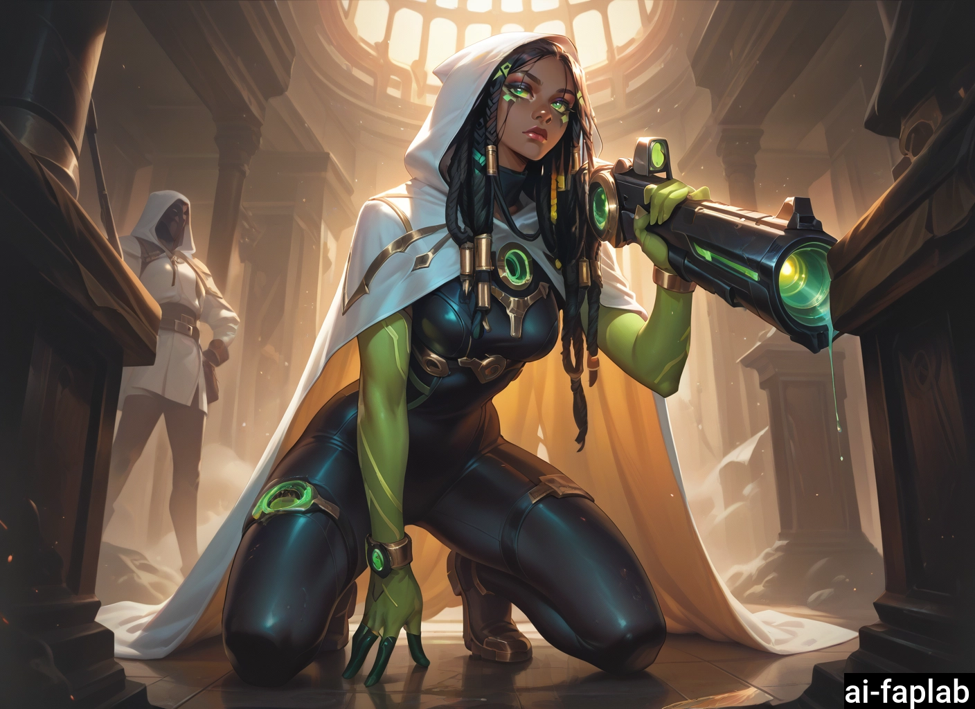 weapon, dark-skinned female, dark skin, bodysuit, 1girl, green eyes · Yamete.gg