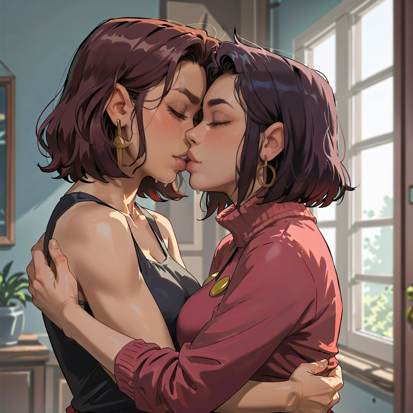 multiple girls, 2girls, yuri, jewelry, earrings, closed eyes · Yamete.gg