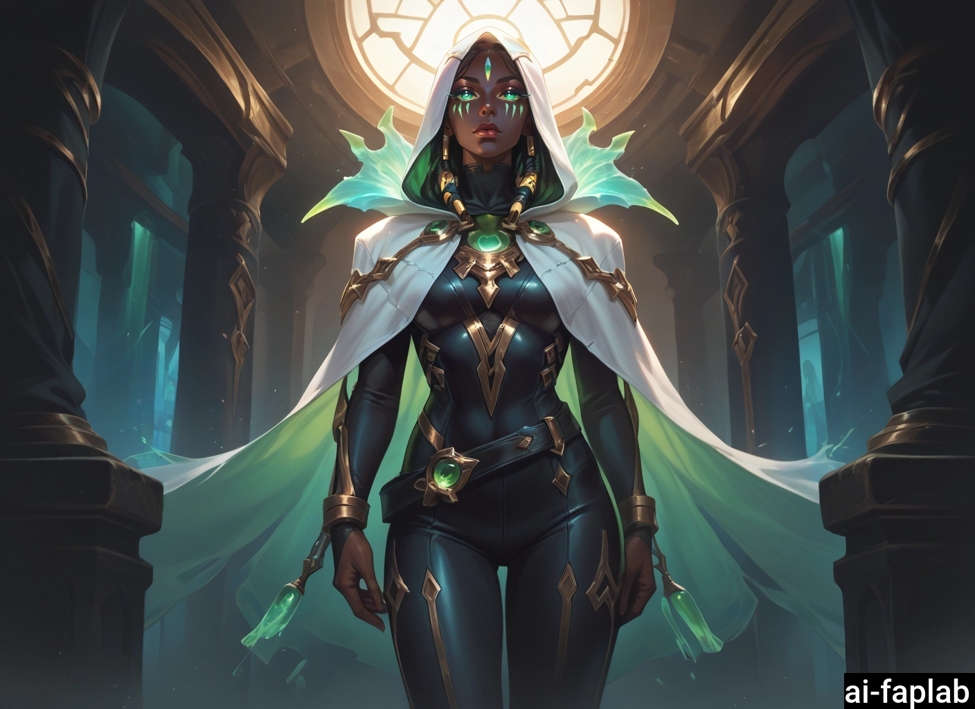 1girl, dark-skinned female, solo, dark skin, hood, green eyes · Yamete.gg