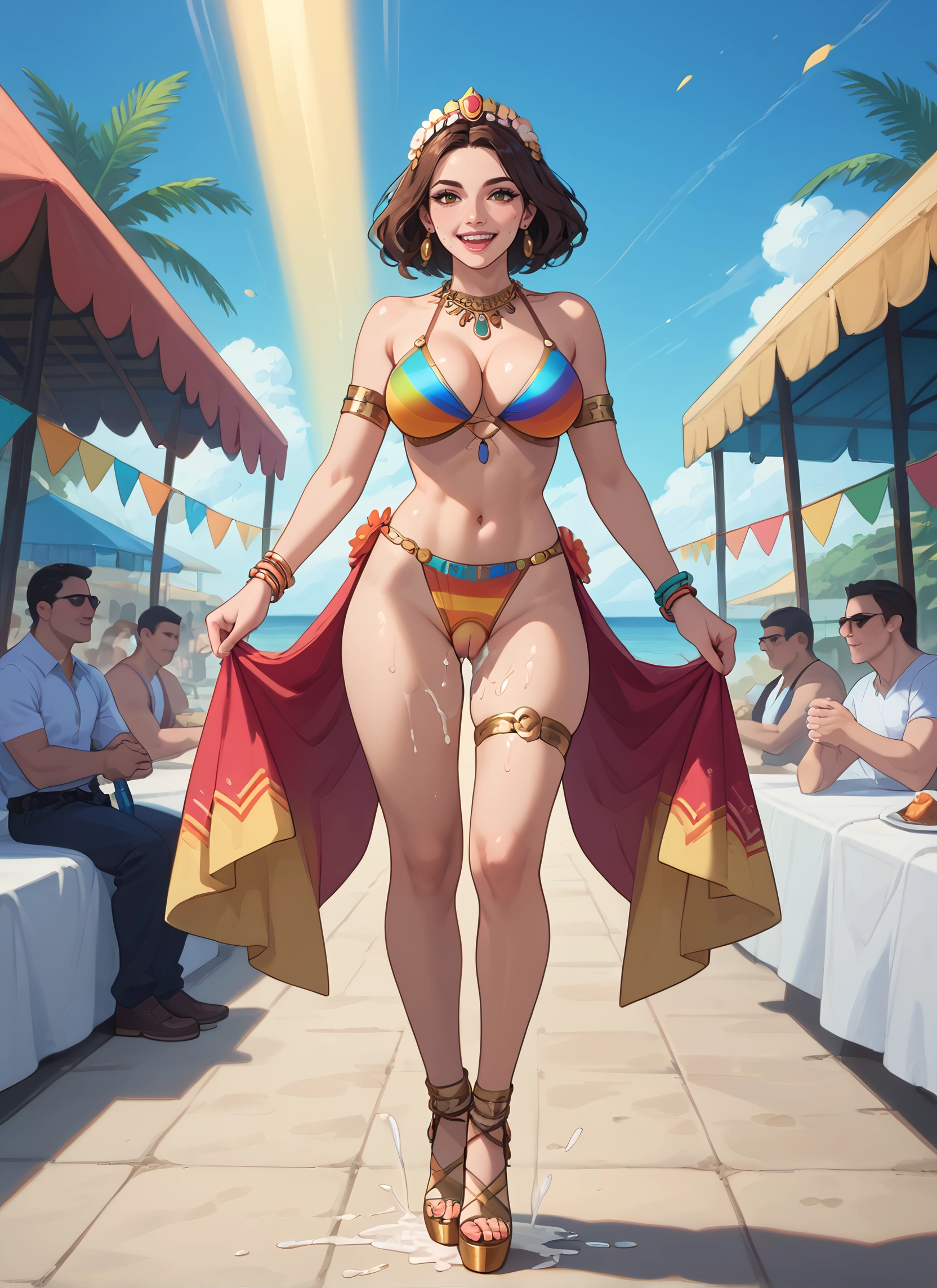 breasts, 1girl, swimsuit, jewelry, bikini, brown hair · Yamete.gg
