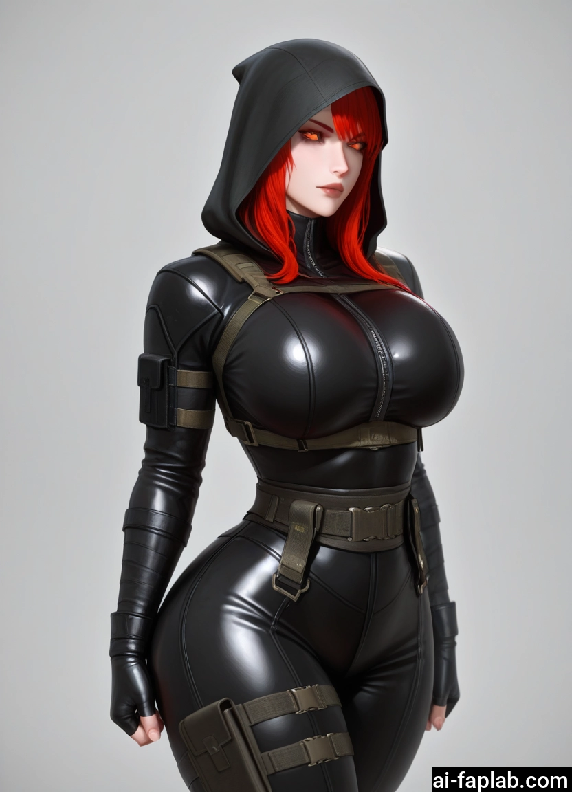 1girl, breasts, red hair, hood, bodysuit, gloves