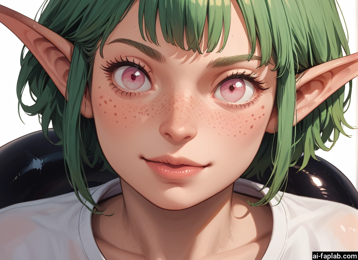 1girl, pointy ears, solo, green hair, freckles, looking at viewer · Yamete.gg