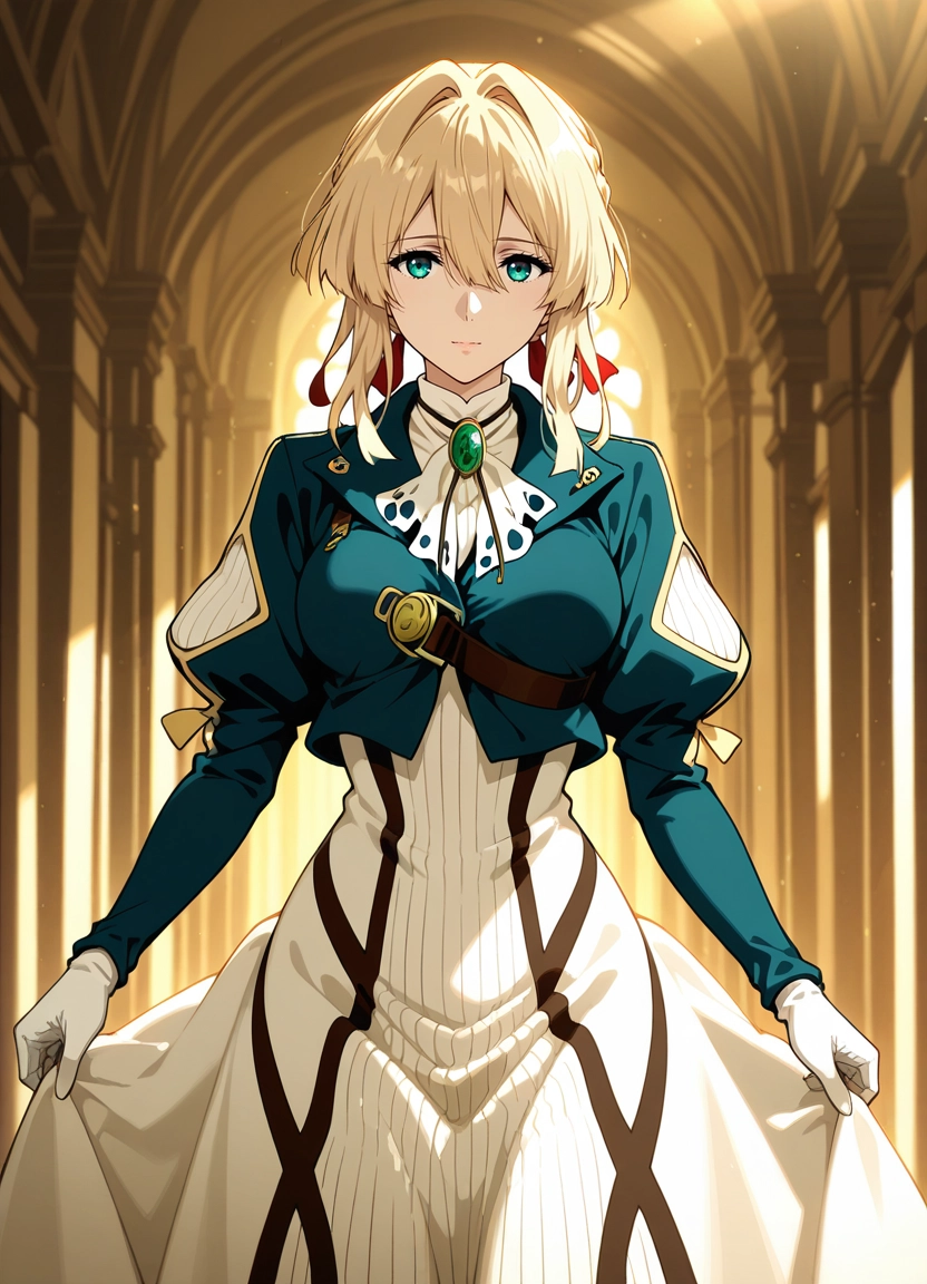 1girl, violet evergarden, solo, blonde hair, dress, looking at viewer