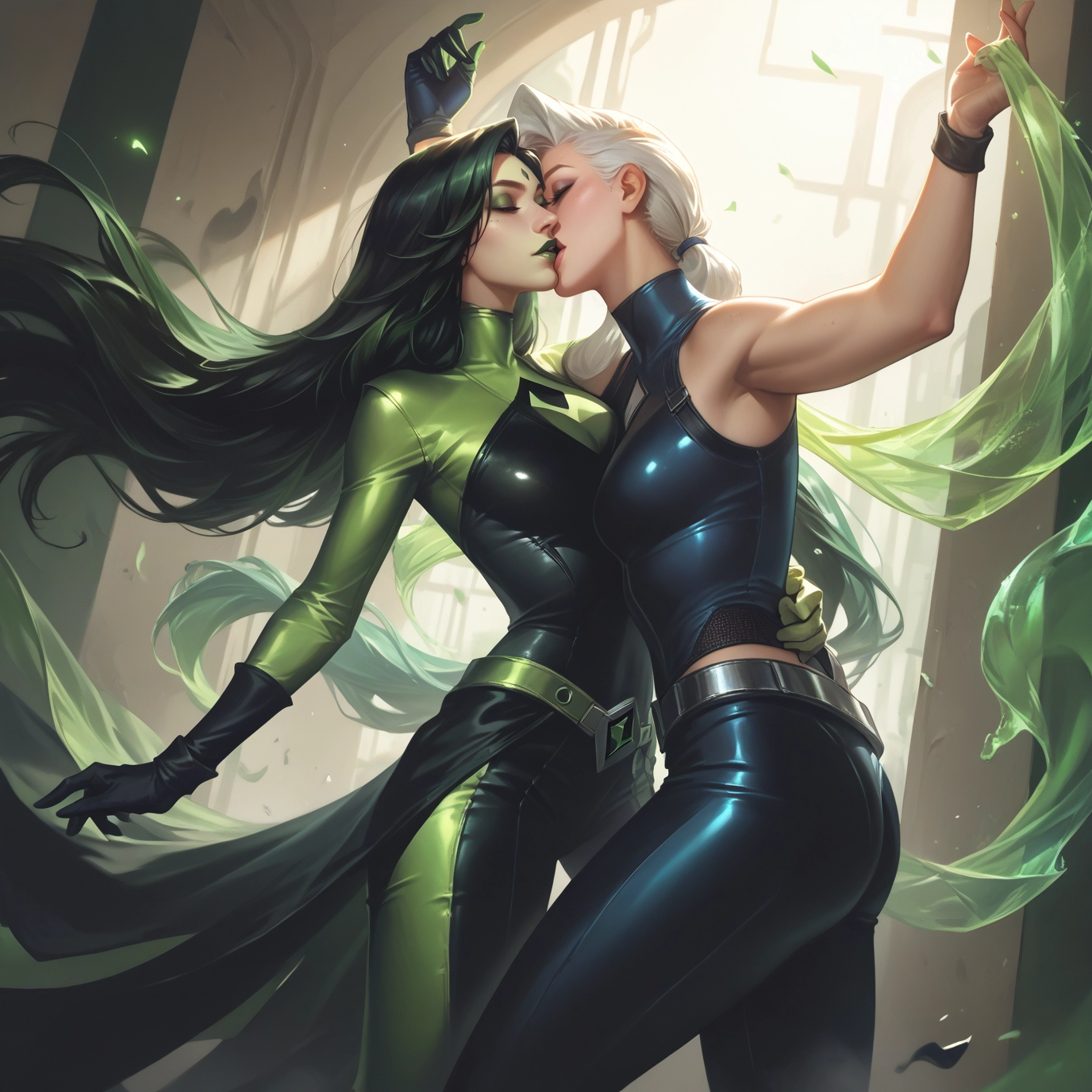 multiple girls, 2girls, kiss, yuri, long hair, gloves · Yamete.gg