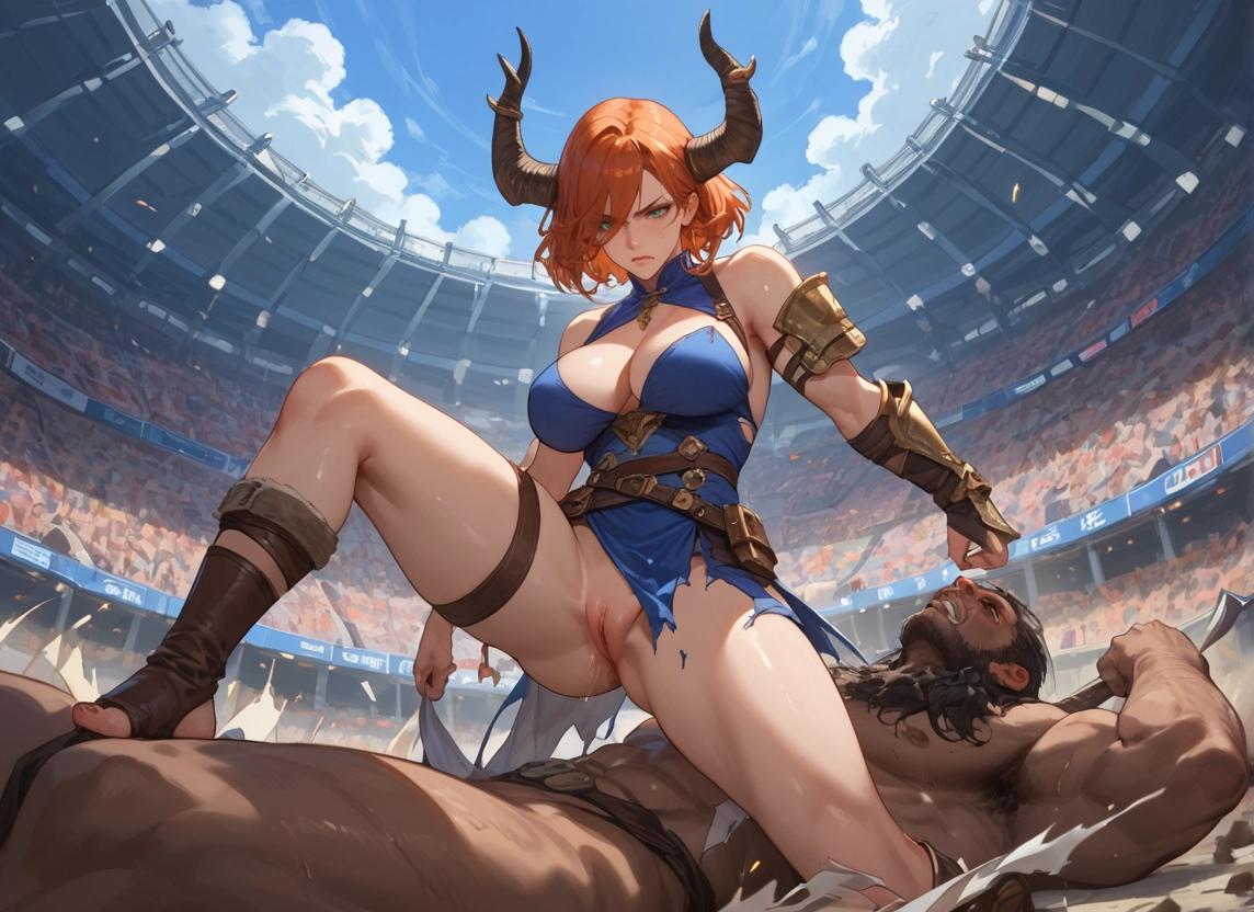 1girl, breasts, horns, 1boy, pussy, facial hair