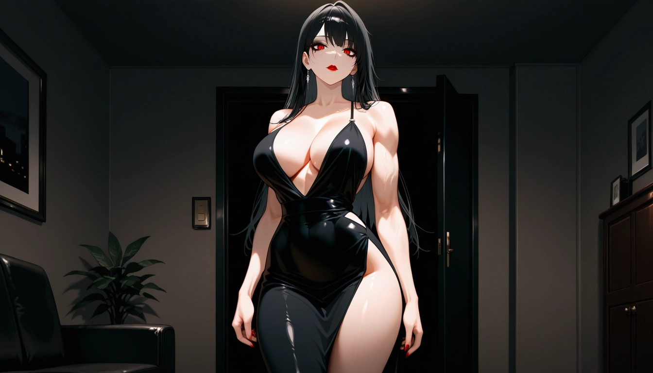 1girl, breasts, solo, red eyes, black hair, dress · Yamete.gg