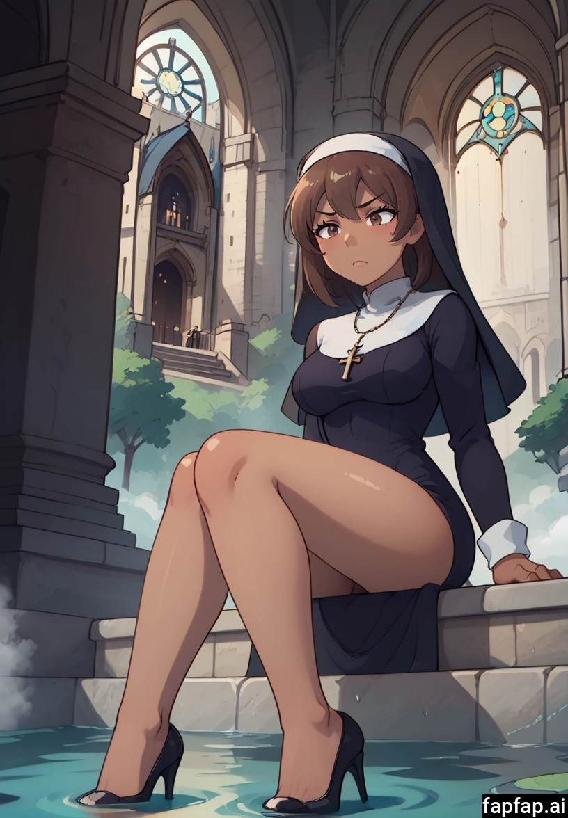 1girl, nun, high heels, solo, brown hair, cross · Yamete.gg
