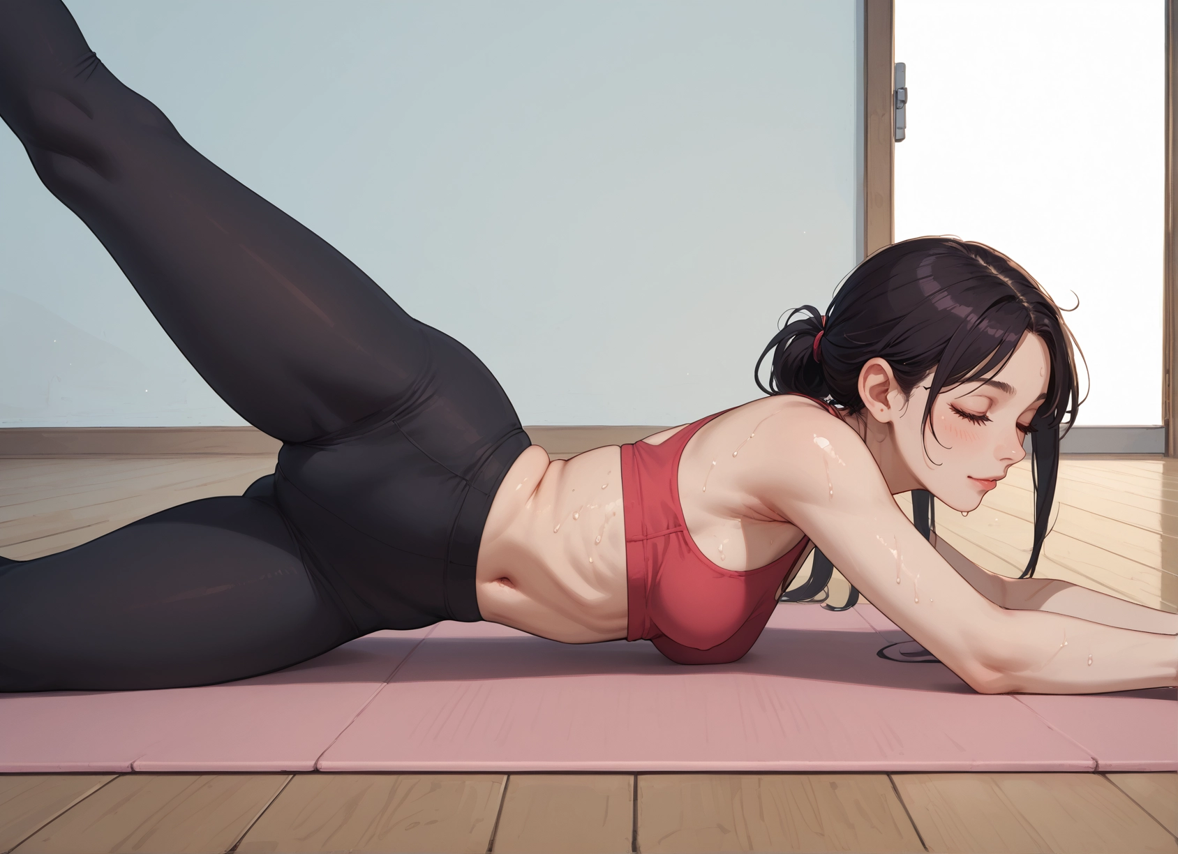 1girl, solo, breasts, closed eyes, navel, black hair