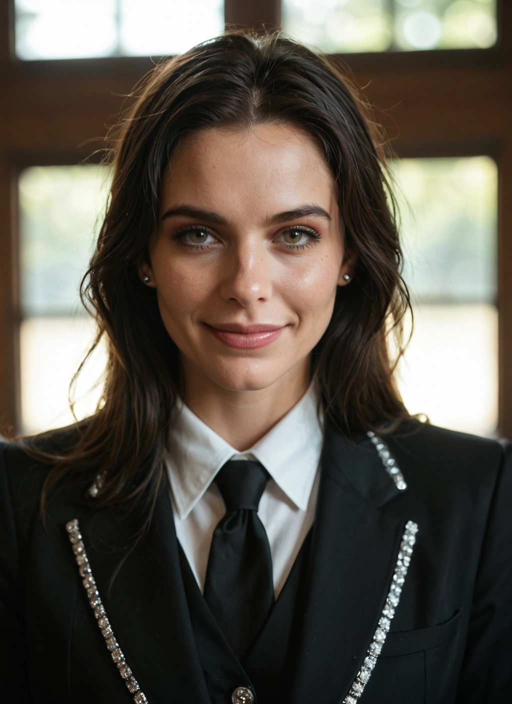 solo, 1girl, necktie, jewelry, earrings, brown eyes · Yamete.gg