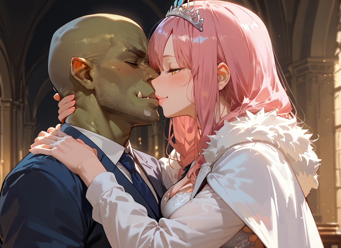 1girl, 1boy, pink hair, breasts, orc, necktie · Yamete.gg