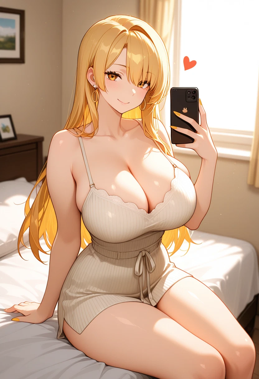 1girl, breasts, solo, blonde hair, phone, sitting · Yamete.gg