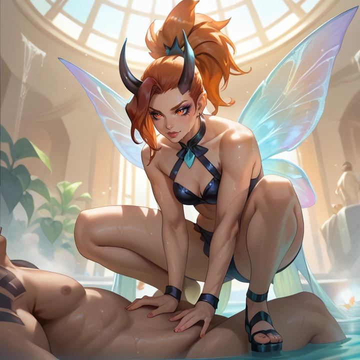 1girl, wings, breasts, horns, squatting, 1boy · Yamete.gg