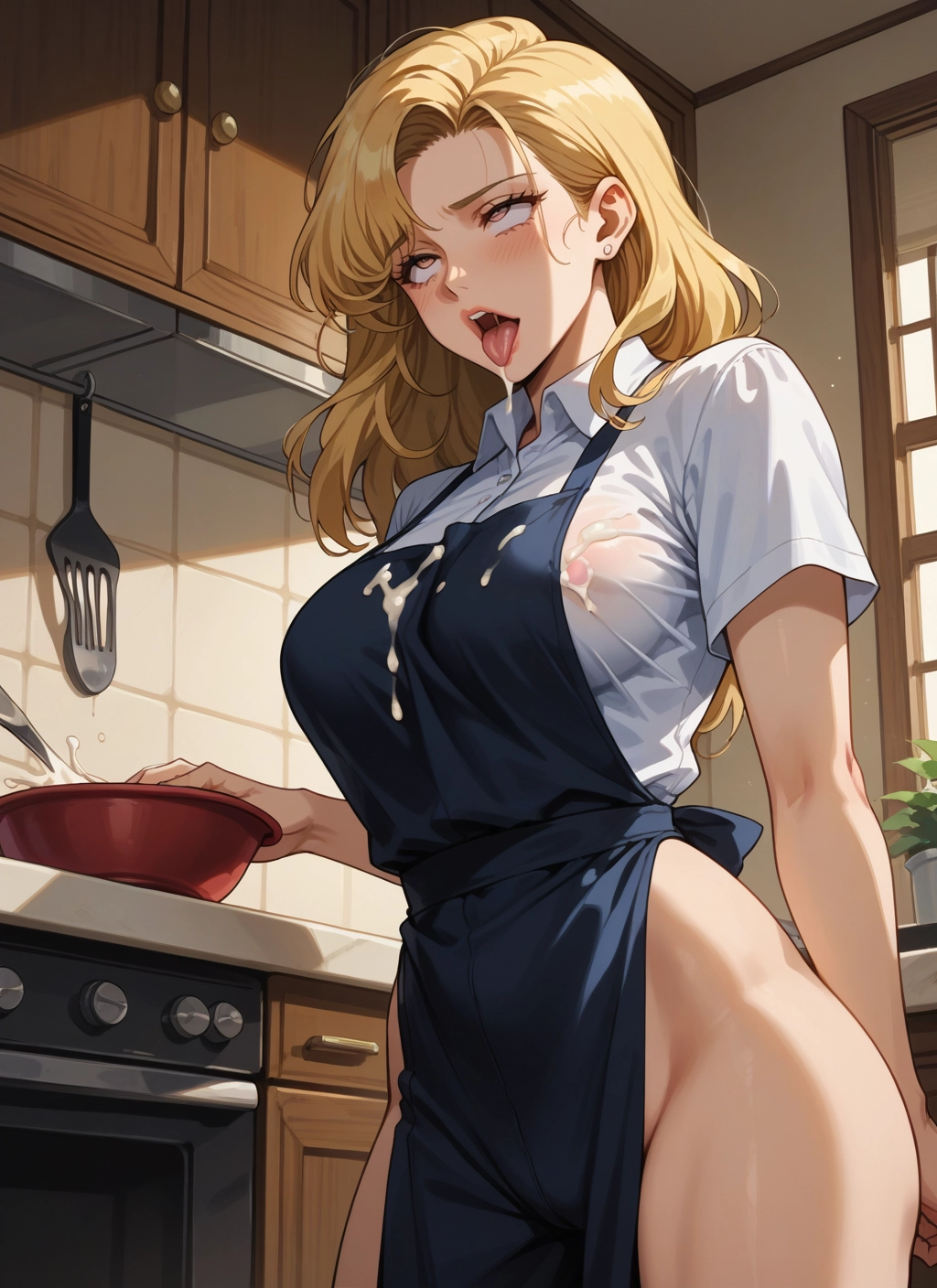 1girl, blonde hair, breasts, apron, tongue, tongue out · Yamete.gg