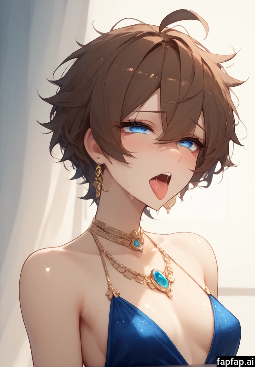 1girl, jewelry, tongue, solo, brown hair, breasts