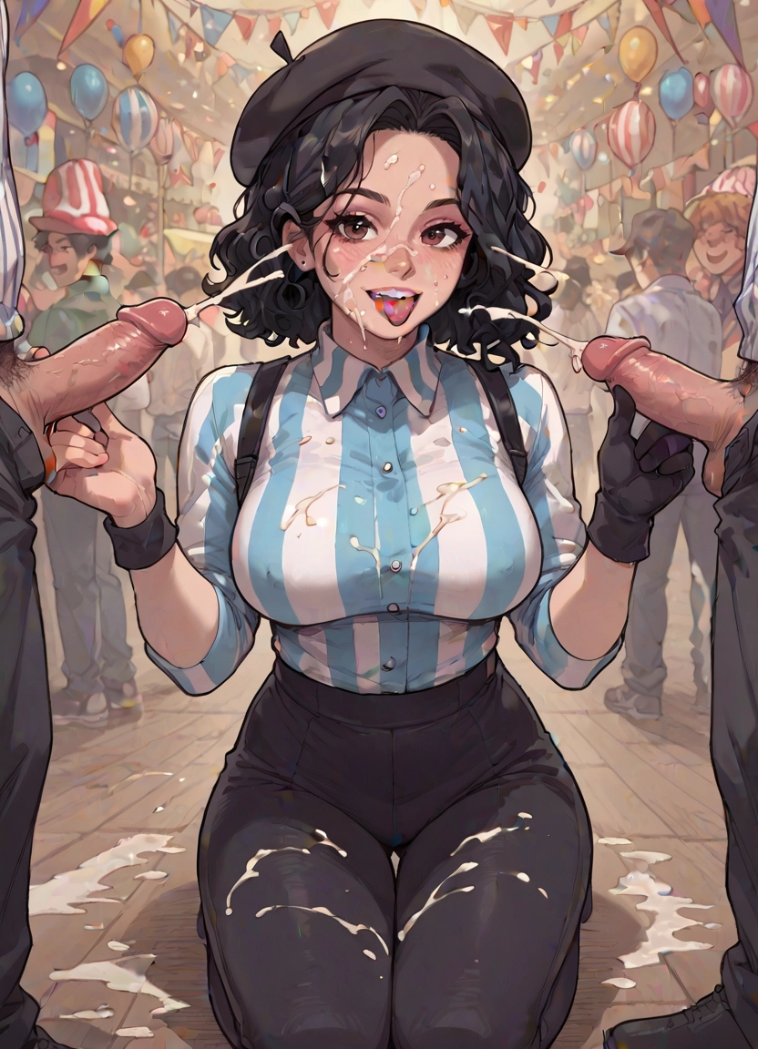 cum, balloon, 1girl, multiple boys, tongue, black hair · Yamete.gg