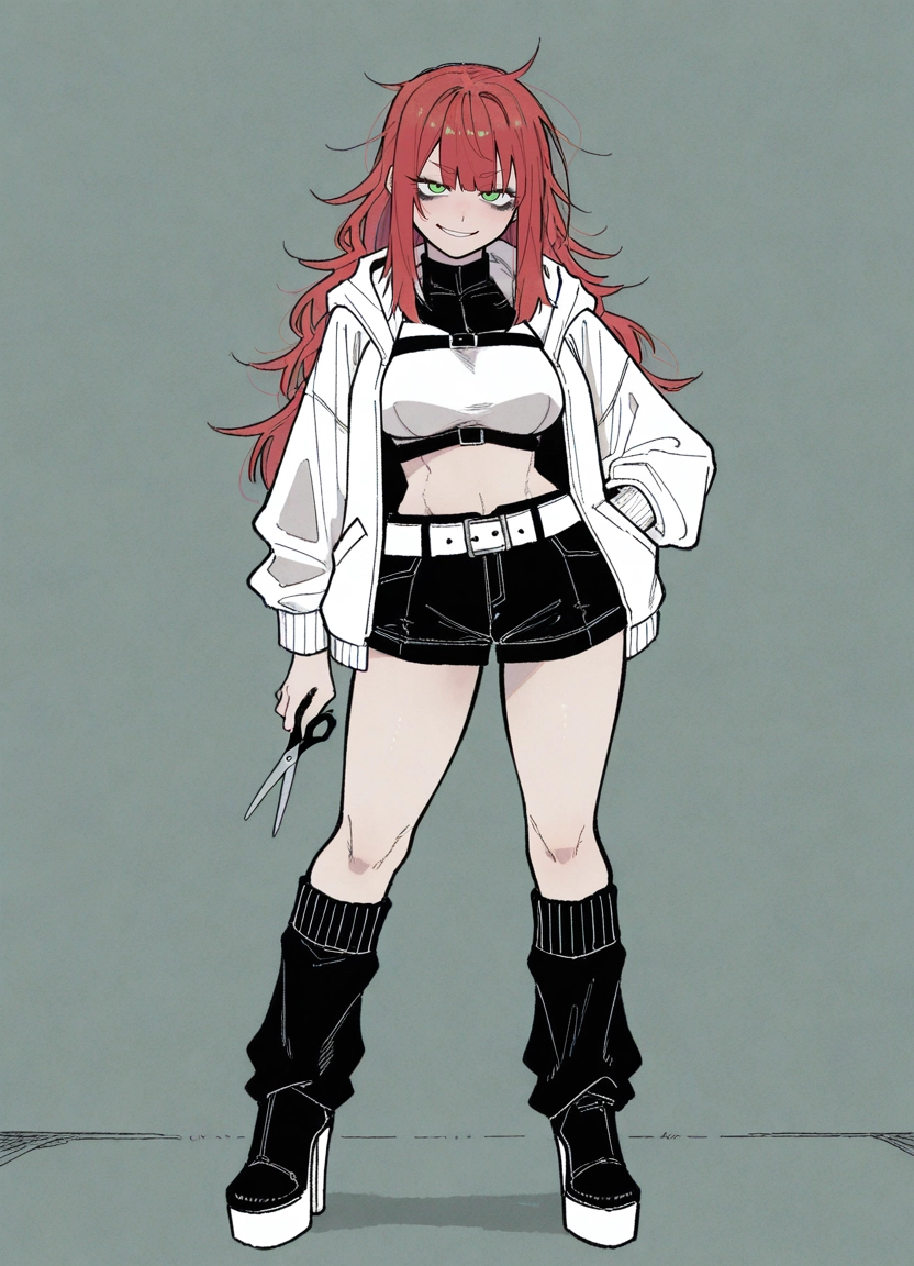 1girl, green eyes, solo, shorts, scissors, smile · Yamete.gg
