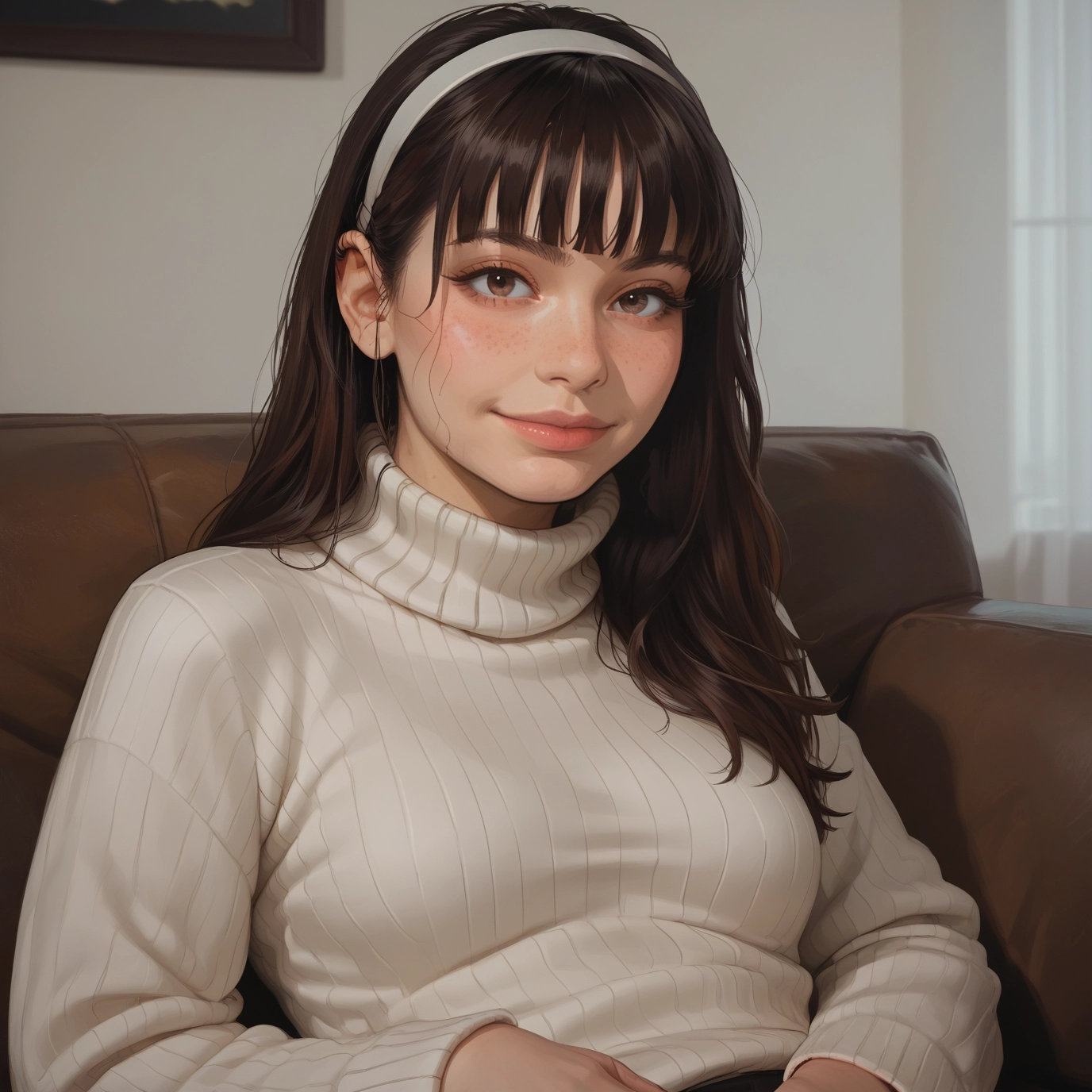 1girl, solo, sweater, brown eyes, hairband, brown hair · Yamete.gg