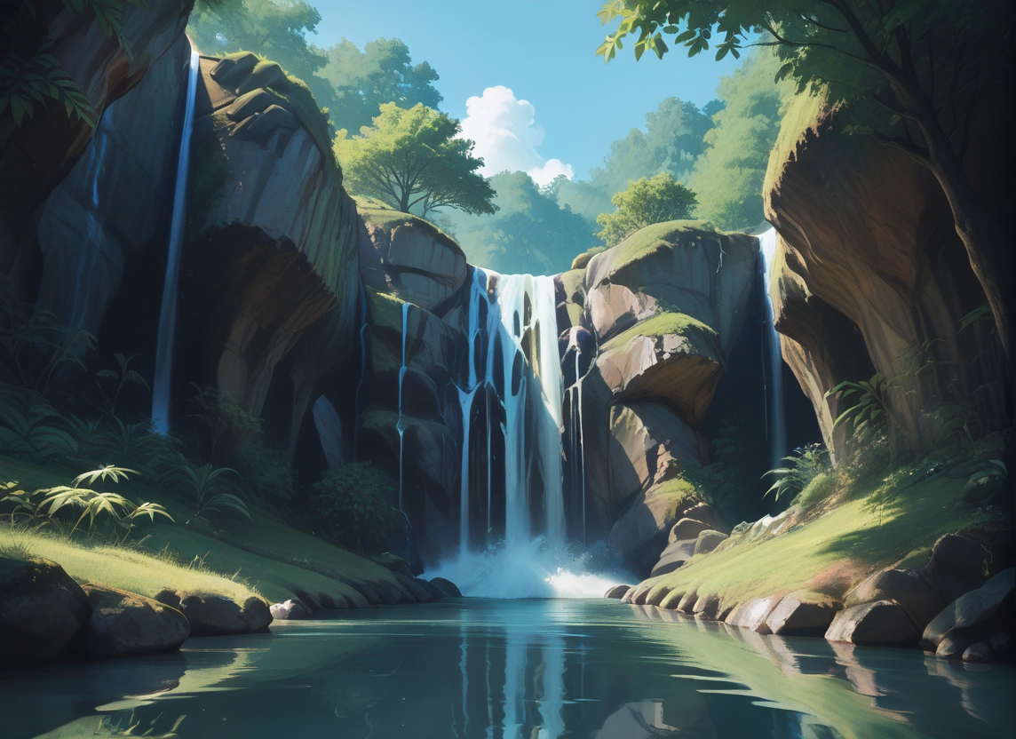 no humans, scenery, water, waterfall, tree, sky