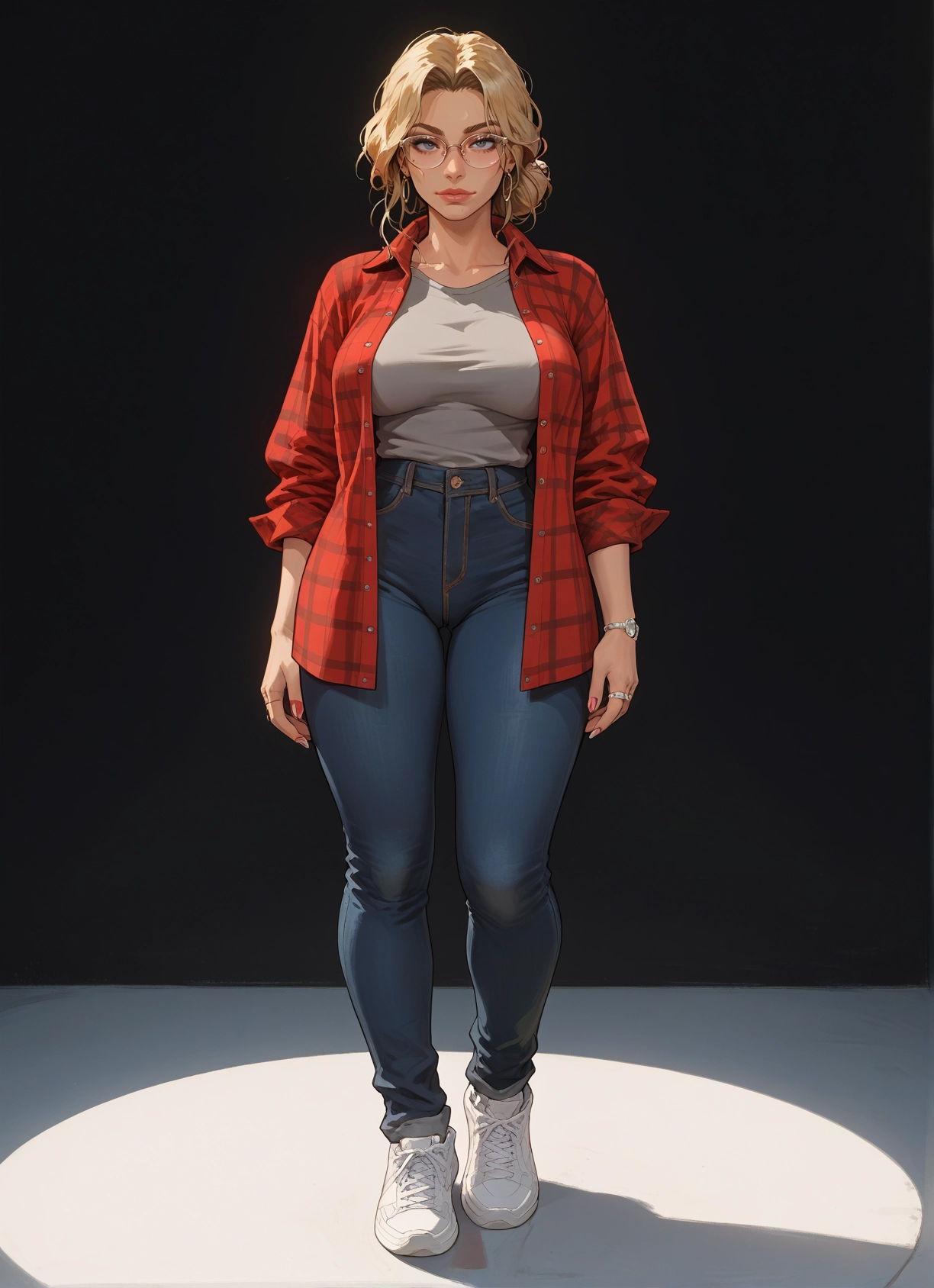 1girl, blonde hair, pants, breasts, jewelry, blue eyes · Yamete.gg