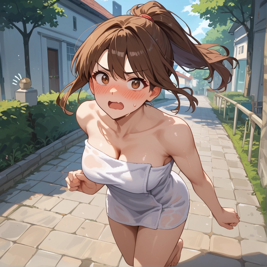 1girl, breasts, brown hair, towel, blush, solo · Yamete.gg
