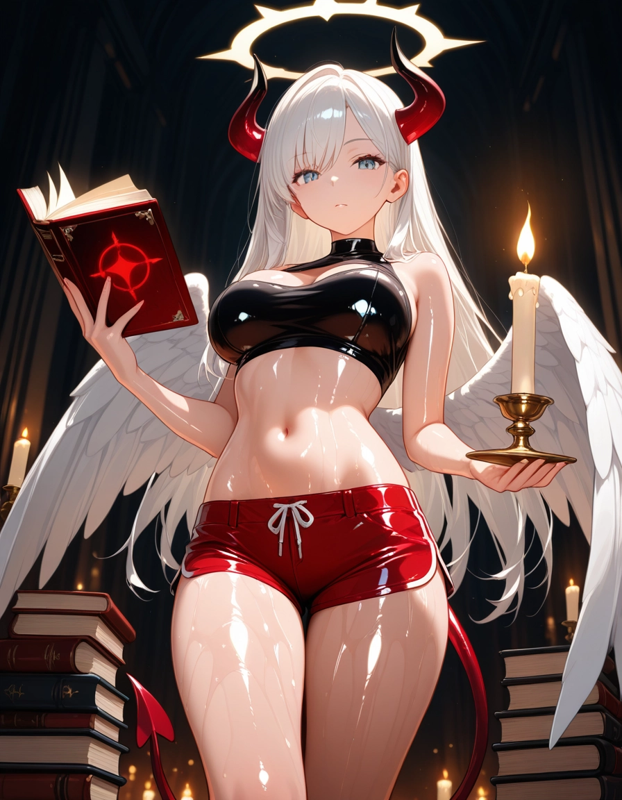 1girl, breasts, wings, horns, shorts, long hair · Yamete.gg