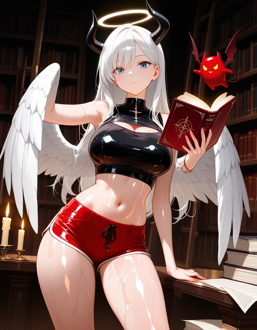 1girl, breasts, wings, shorts, horns, book · Yamete.gg