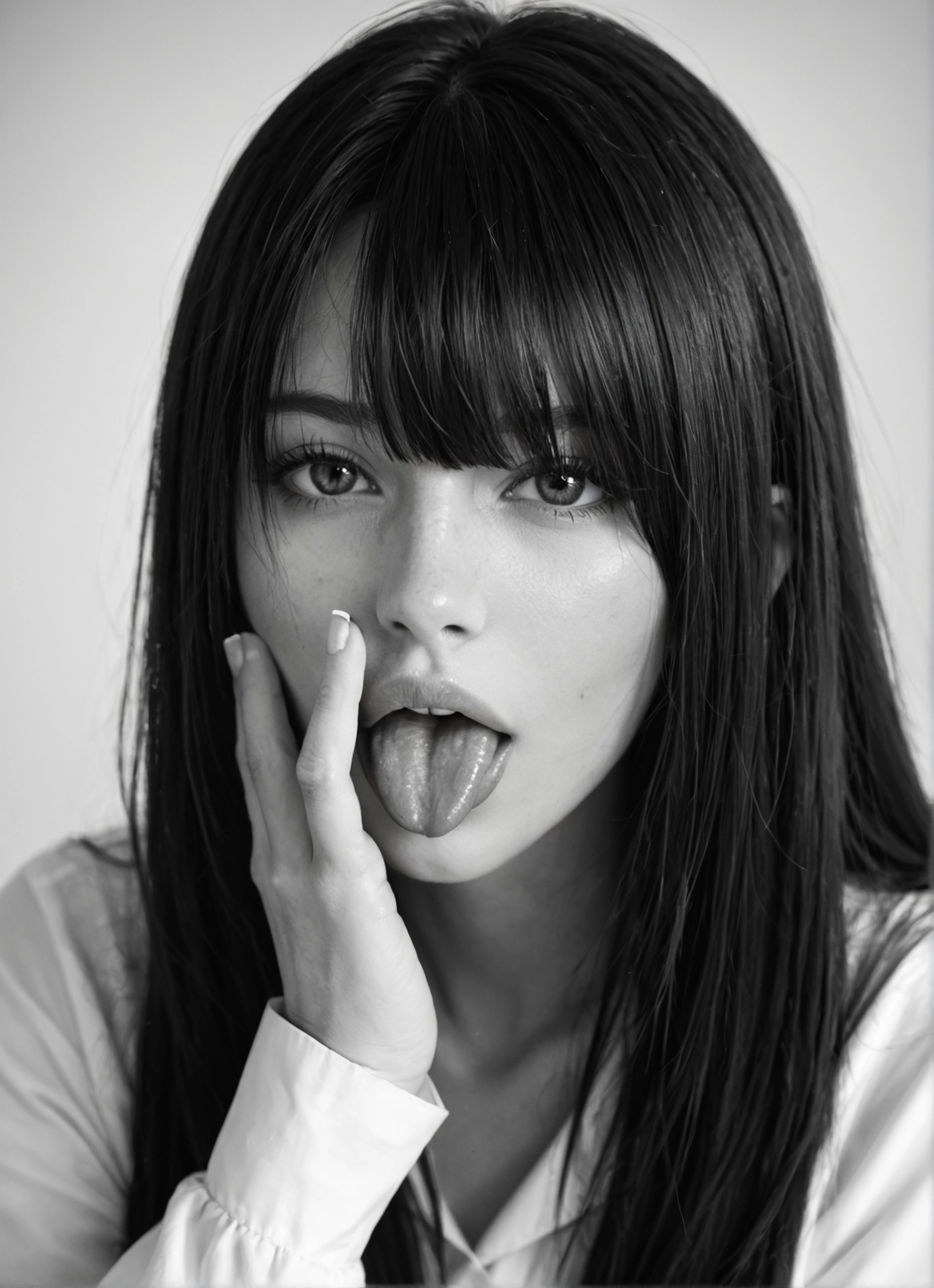 1girl, monochrome, greyscale, solo, tongue, tongue out · Yamete.gg