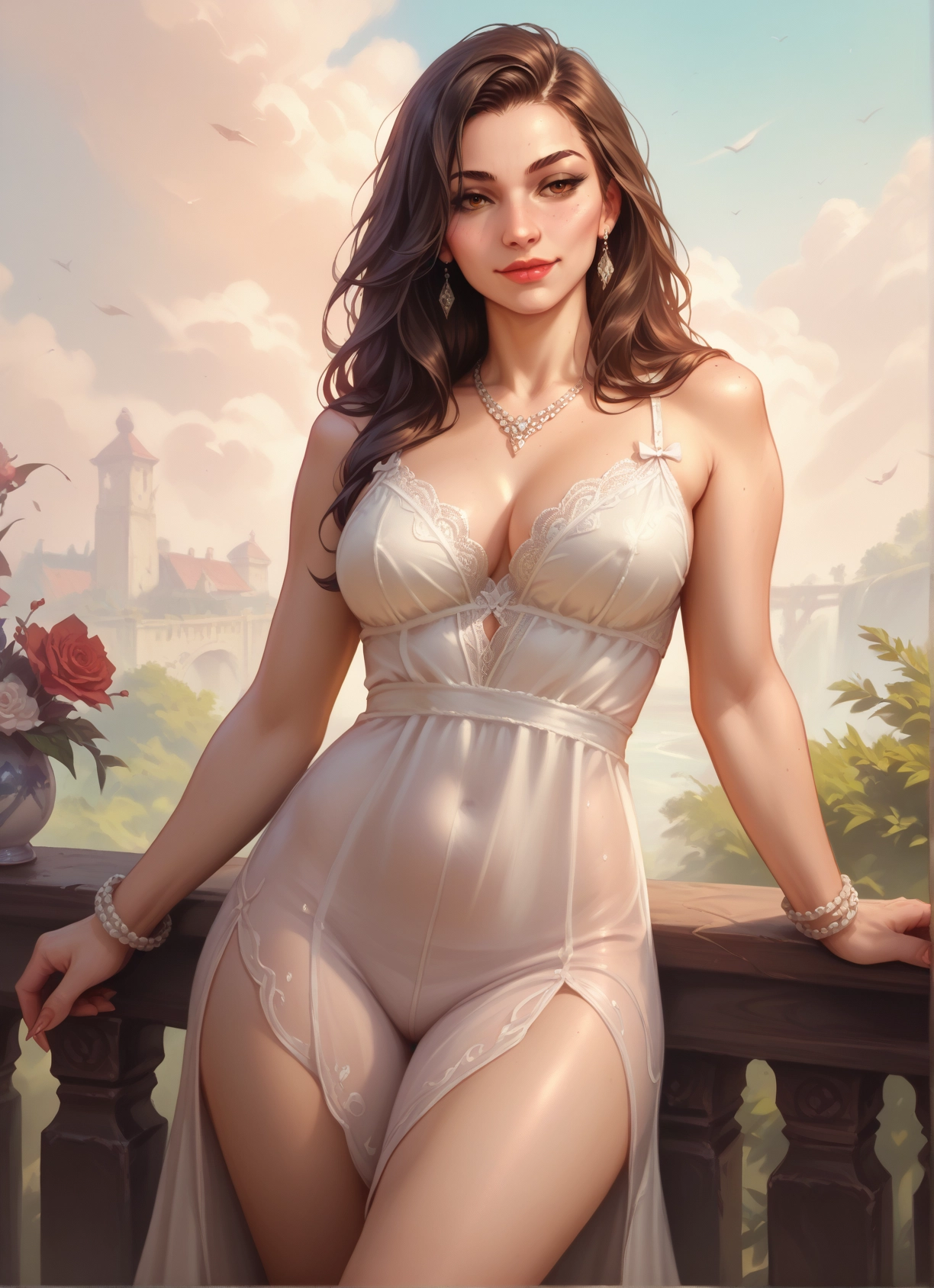1girl, breasts, jewelry, brown hair, earrings, dress · Yamete.gg