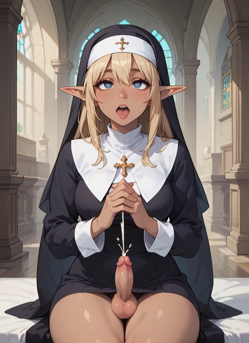futanari, 1girl, penis, pointy ears, cum, solo · Yamete.gg