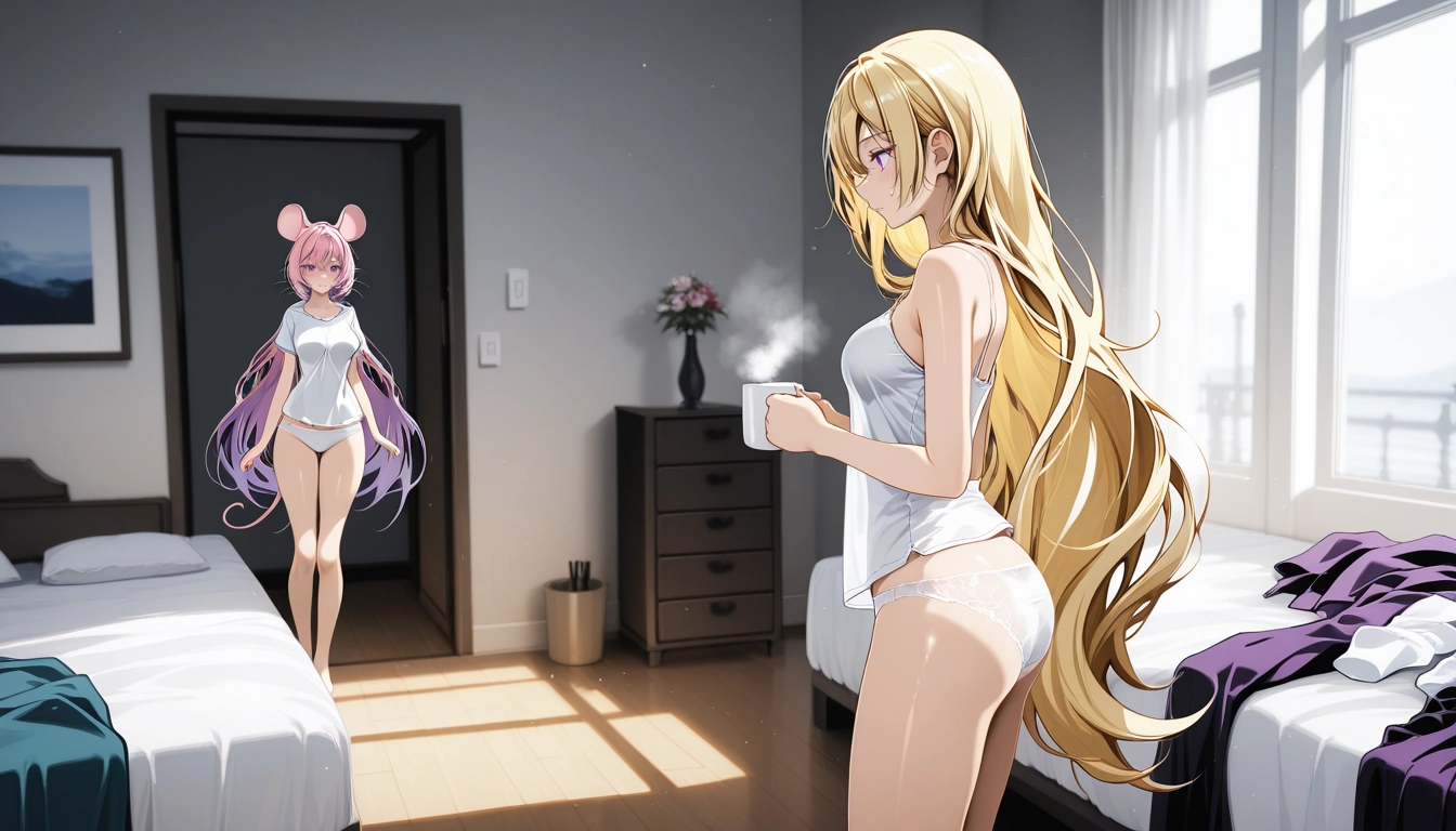 underwear, blonde hair, panties, indoors, long hair, multiple girls