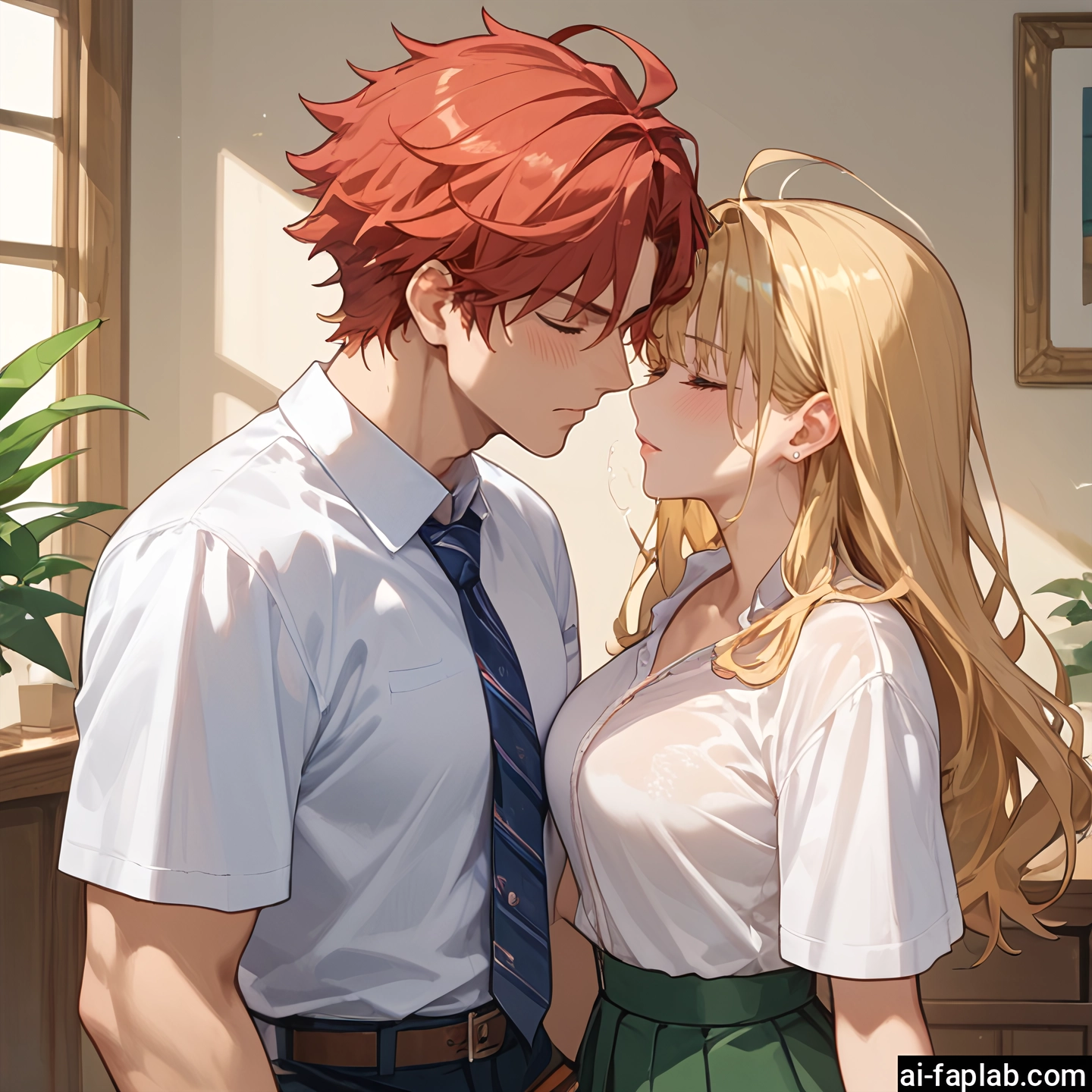 1girl, 1boy, blonde hair, skirt, necktie, closed eyes