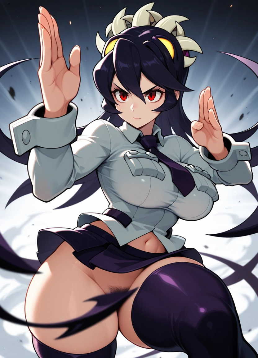 1girl, filia (skullgirls), breasts, red eyes, thighhighs, solo · Yamete.gg