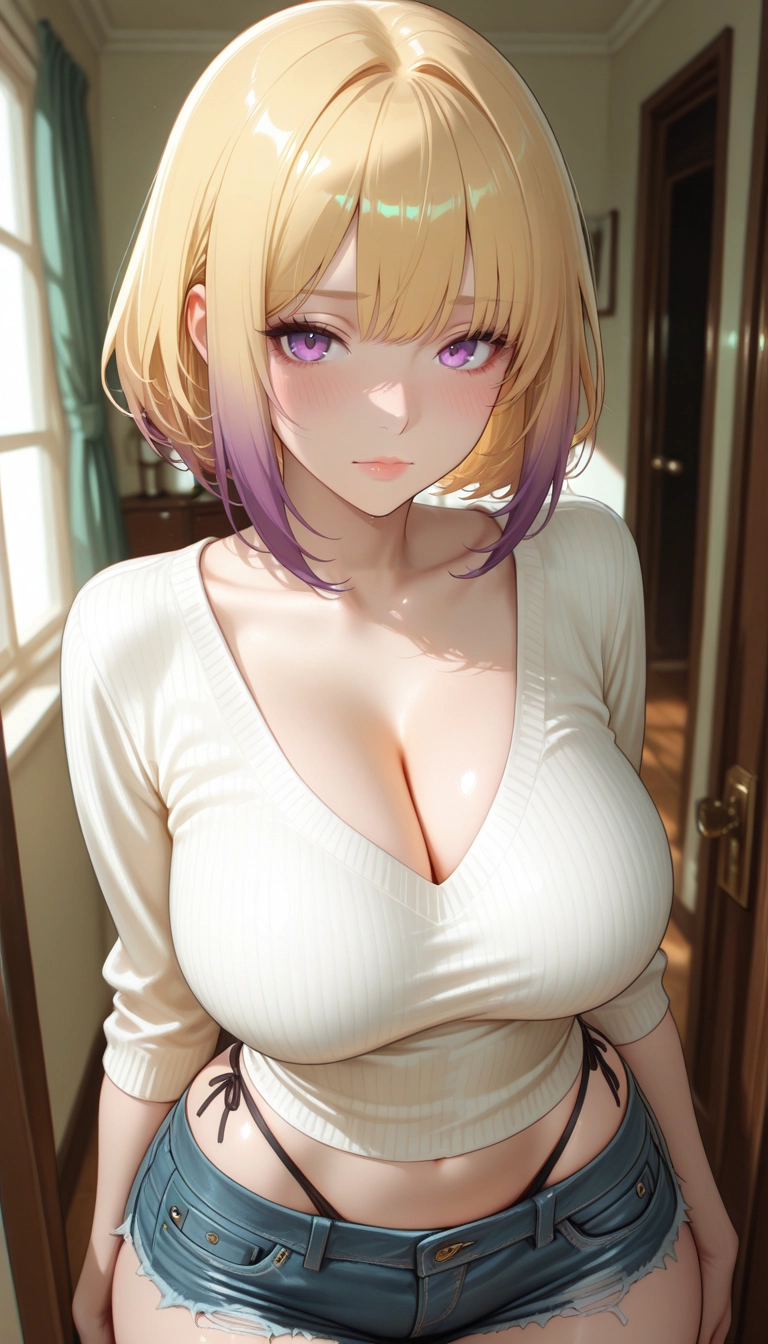 1girl, breasts, denim shorts, shorts, cleavage, solo · Yamete.gg
